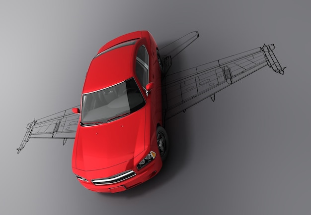 Koncepcja szybkich samochodów czerwony samochód z sylwetką samolotu na szarej podłodze gradientowej renderowania 3d
