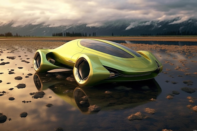 Zdjęcie koncepcja szybkiego samochodu elektrycznego futurystyczny design nowoczesny ekologiczny samochód sportowy przyszłości zaparkowany w przyrodzie