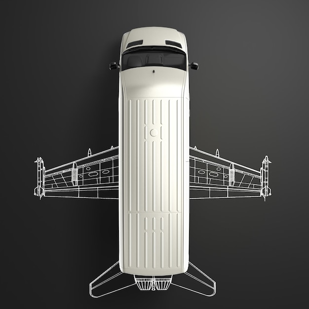 Koncepcja szybkiej dostawy Pojazd użytkowy w tle z sylwetką samolotu renderowania 3d na czarno