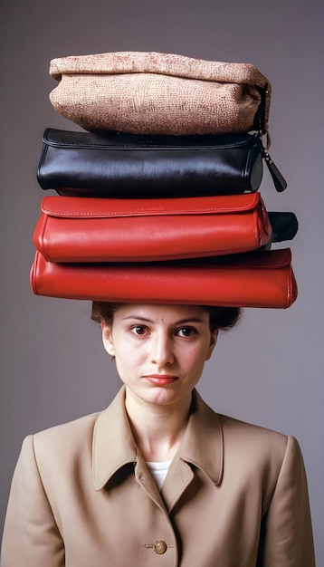 Zdjęcie koncepcja szybkiej mody z kobietą na stosach toreb