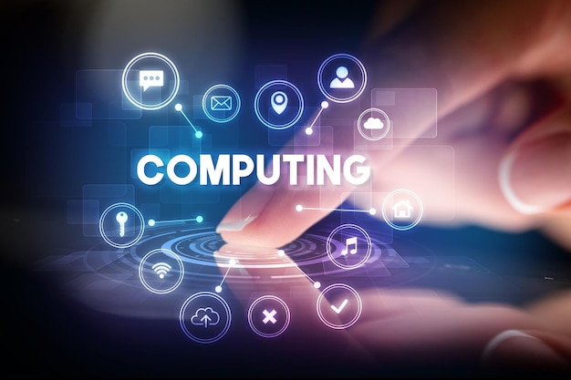 Koncepcja tabletu dotykającego palcami z ikonami technologii internetowej