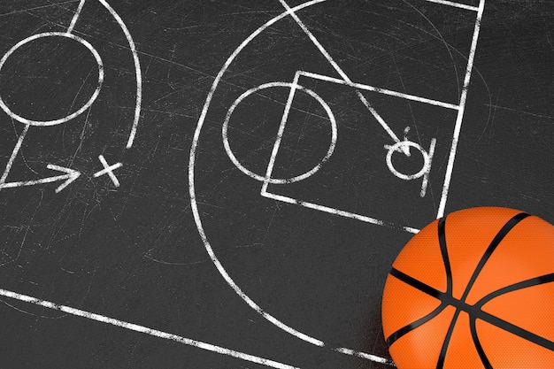 Koncepcja taktyki koszykówki. Piłka do koszykówki na czarnej tablicy z boisko do koszykówki i strategia gry i taktyka Schemat skrajne zbliżenie. Renderowanie 3D