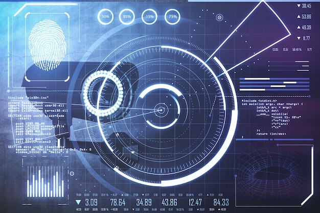 Koncepcja technologii bezpieczeństwa biometrycznego i innowacji z kamerą CCTV na ciemnej ścianie i cyfrowym ekranem z informacjami radarowymi i odciskami palców