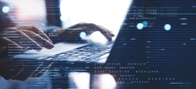 Koncepcja technologii cyfrowej nauki danych Inżynier informatyki programowanie na laptopie praca z dużymi danymi wirtualnymi nowoczesna deska rozdzielcza systemu sterowania technologią futurystyczną tło