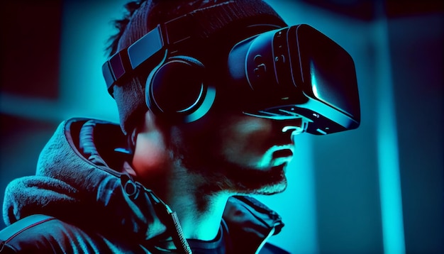 Koncepcja technologii cyfrowej rzeczywistości wirtualnej Mężczyzna noszący okulary 3d VR wyszukuje świat cyfrowy Rzeczywistość wirtualna