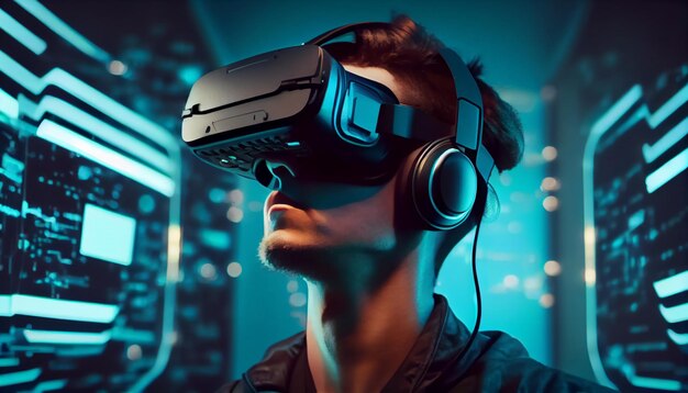 Koncepcja technologii cyfrowej rzeczywistości wirtualnej Mężczyzna noszący okulary 3d VR wyszukuje świat cyfrowy Rzeczywistość wirtualna