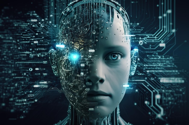 Koncepcja technologii i inżynierii Sztuczna inteligencja AI uczenie maszynowe Big data cyber dominacja umysłu Chat bot chat gpt robo doradca robotic brain future Generative AI