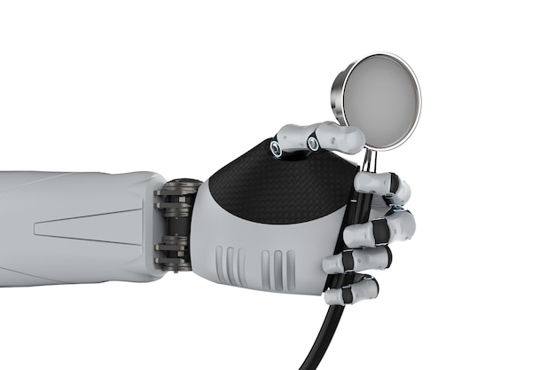 Koncepcja technologii medycznej z ręką robota renderującego 3d lub stetoskopem trzyma rękę cyborga