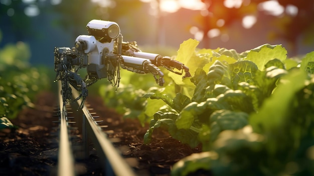 Koncepcja technologii rolniczej Inteligentne gospodarstwo rolne i automatyczne mechaniczne ramię robota zbierające warzywa