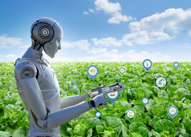 Koncepcja technologii rolniczej z asystentem robotem z wyświetlaczem graficznym