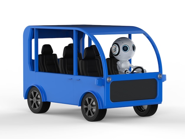 Koncepcja technologii transportu z robotem renderującym 3d prowadzącym mini autobus na białym tle