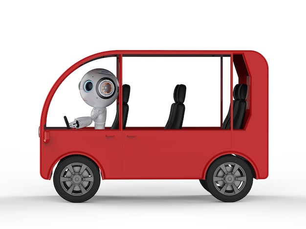 Koncepcja technologii transportu z robotem renderującym 3d prowadzącym mini autobus na białym tle