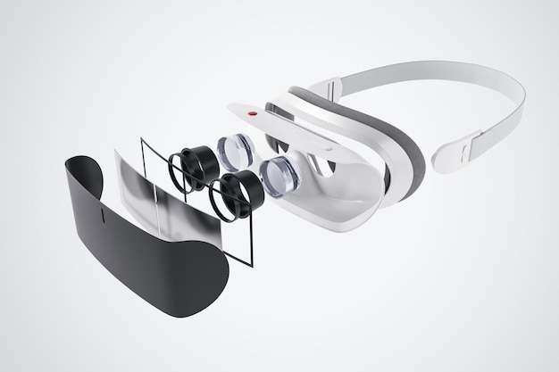 Koncepcja technologii wirtualnej rzeczywistości z elementami nowoczesnego zestawu słuchawkowego VR na abstrakcyjnym białym tle Koncepcja wirtualnej rzeczywistości Renderowanie 3D