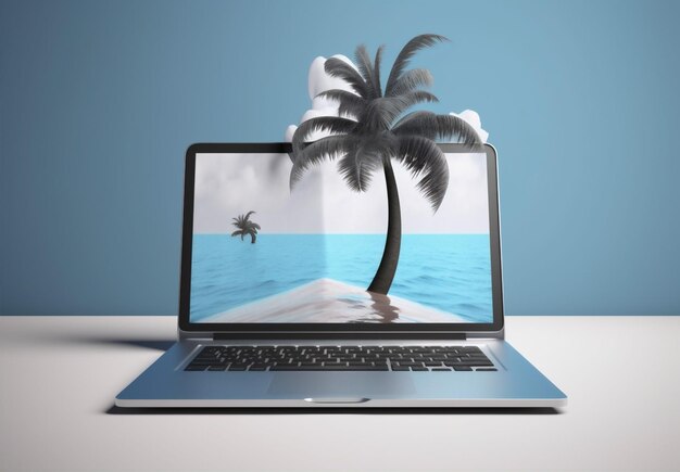 Koncepcja tropikalna podróż latem laptop palma plaża drzewo wakacje komputer generatywny AI