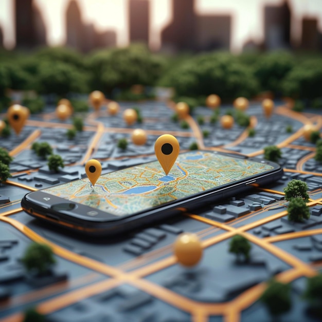 Zdjęcie koncepcja turystyczna smartfon wyświetlający mapę ulic gps do nawigacji dla mediów społecznościowych