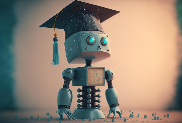Koncepcja uczenia maszynowego z sympatycznym robotem w czapce dyplomowej
