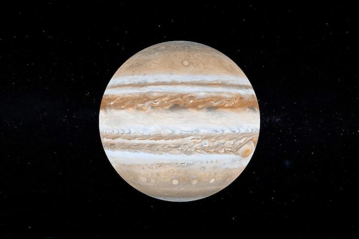 Zdjęcie koncepcja układu słonecznego. widok pełnej dużej planety jowisz z kosmosu na tle czarnego nieba. elementy tego obrazu dostarczone przez nasa. renderowanie 3d
