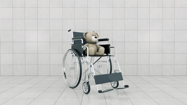 koncepcja upośledzenia dziecka: brązowy miś na wózku inwalidzkim