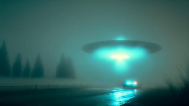 Koncepcja uprowadzenia przez obcych latająca spodek UFO nad samochodem na mglistej nocnej drodze z szeroką wiązką światła generowanego przez sieć neuronową