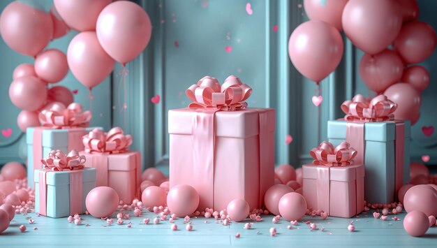 Koncepcja uroczystości Różowe pudełka z prezentami i balony ekstremalne zbliżenie Generatywna sztuczna inteligencja