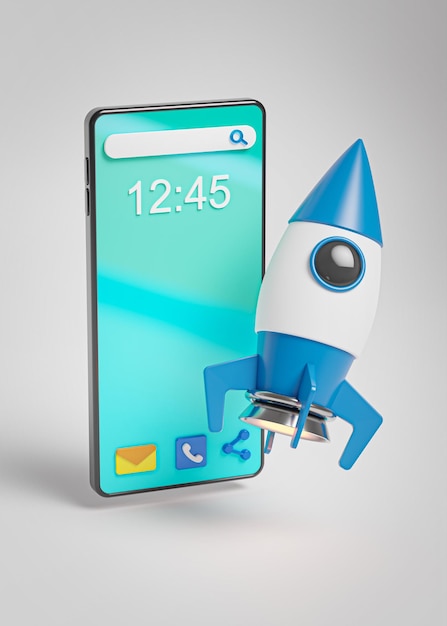 Koncepcja uruchomienia Blue Rocket Smartphone Uruchom projekt Biznes 3D Render
