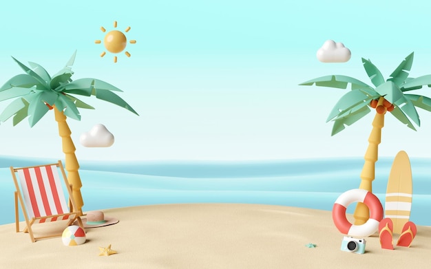 Koncepcja wakacji letnich Krzesła plażowe i akcesoria pod palmą z miejscem na kopię
