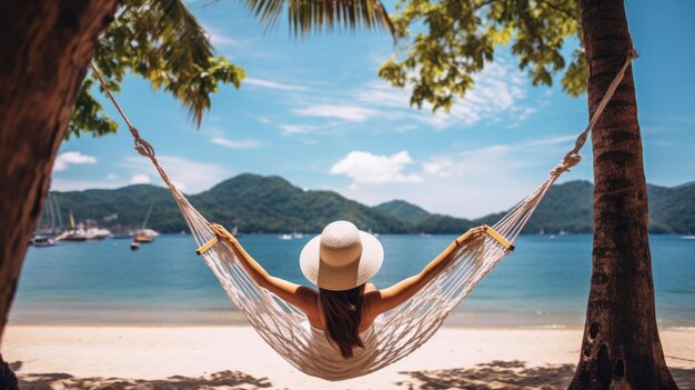 Koncepcja Wakacji Letnich Podróży Szczęśliwa Podróżniczka, Azjatycka Kobieta Z Białym Bikini, Relaksuje Się W Hamaku Na Plaży W Koh Mak W Tajlandii