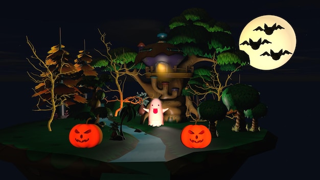 Koncepcja wakacji na Halloween Mały dom z dyniami i renderowaniem 3D śmiesznego ducha