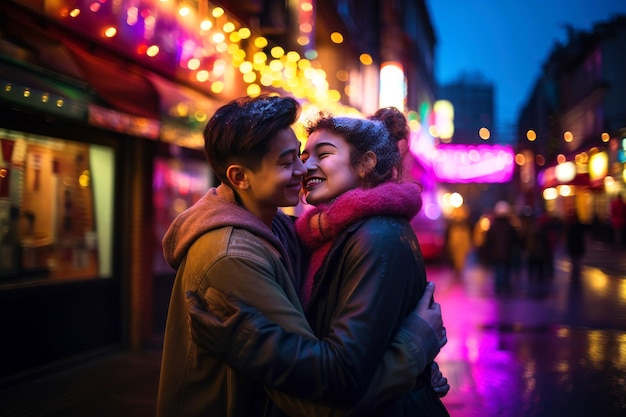 Koncepcja Walentynek Dwie kobiety różnych ras przytulające się z miłością na ulicy