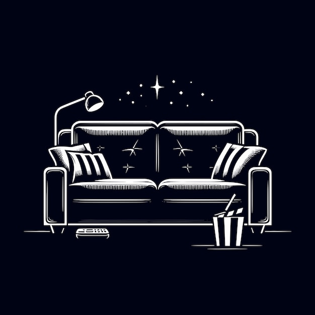 Zdjęcie koncepcja wieczoru filmowego sofa z poduszkami popcornem i lampą ilustracja wektorowa