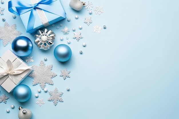 Koncepcja Wigilii Bożego Narodzenia Zdjęcie z góry niebieskich i srebrnych bombek, płatków śniegu, stylowych pudełek prezentowych i konfetti