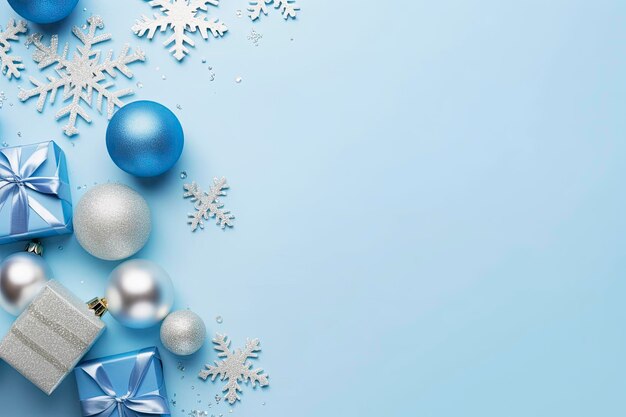 Zdjęcie koncepcja wigilii bożego narodzenia zdjęcie z góry niebieskich i srebrnych bombek, płatków śniegu, stylowych pudełek prezentowych i konfetti
