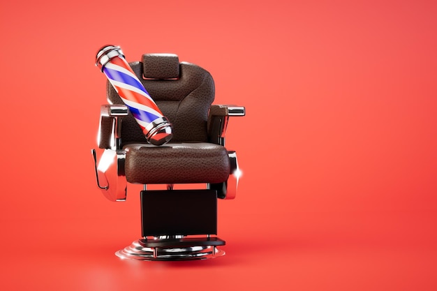 Koncepcja wizyty w fotelu fryzjerskim i emblemacie fryzjerskim na czerwonym tle renderowania 3D