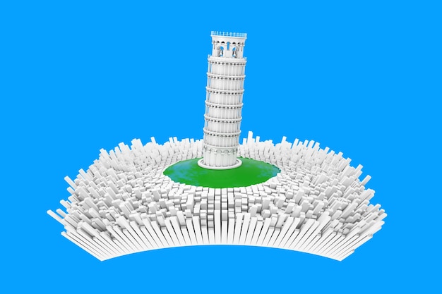 Koncepcja Włochy. Streszczenie Biała Krzywa Wieża W Pizie W Centrum Miasta Abstrakcyjna Włochy Z Wieloma Abstrakcyjnymi Budynku Na Niebieskim Tle. Renderowanie 3d