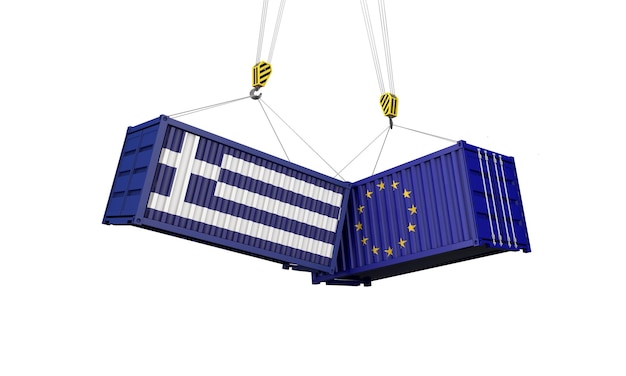 Koncepcja wojny handlowej w Grecji i Europie zderzająca się z kontenerami ładunkowymi d render