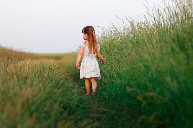 Koncepcja wolności mała szczęśliwa dziewczynka w pobliżu zielonego pola