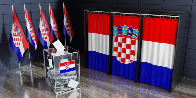 Koncepcja wyborów w Kroacji: kabiny wyborcze i urny wyborcze (ilustracja 3D)