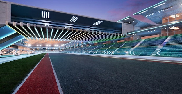 Koncepcja wyścigów 3d renderowania futurystycznego toru wyścigowego wieczornej sceny
