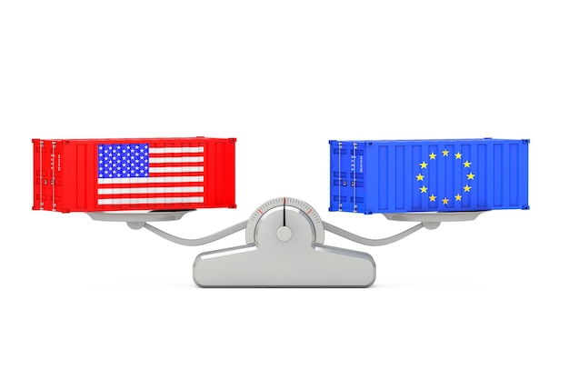 Koncepcja Wysyłki. Kontenery Wysyłkowe Z Flagami Usa I Unii Europejskiej Równoważenia Na Prostej Skali Ważenia Na Białym Tle. Renderowanie 3d