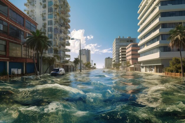 Koncepcja wzrostu poziomu morza w mieście z częściowo zatopionymi budynkami i zalanymi ulicami