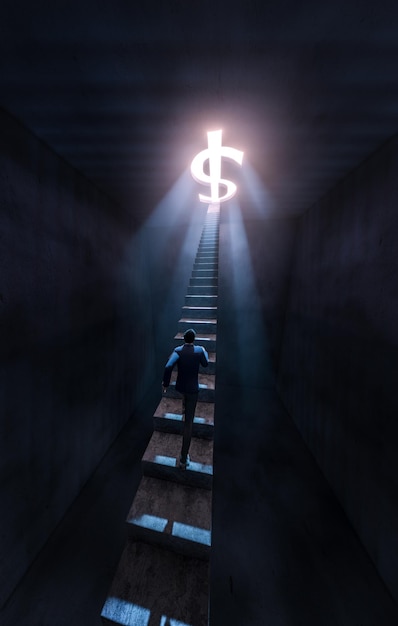 Koncepcja z biznesmenem wbiega po schodach, aby gonić pieniądze w ciemnym pokoju Górny kąt Fotorealistyczne renderowanie 3D