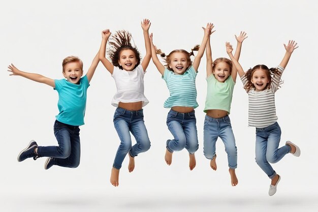 Koncepcja zabawy i ruchu w dzieciństwie szczęśliwe dzieci skaczące na białym tle ai generowane