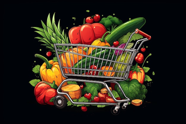 Koncepcja zakupów spożywczych Koszyk supermarketu wypełniony świeżymi produktami
