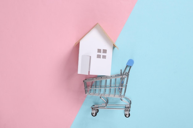 Koncepcja zakupu domu Mini dom w wózku na zakupy na różowym niebieskim tle Widok z góry