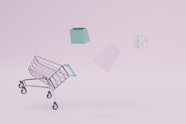 Koncepcja zakupu wózka prezentowego na towary, z którego wylatują torby na prezenty render 3D
