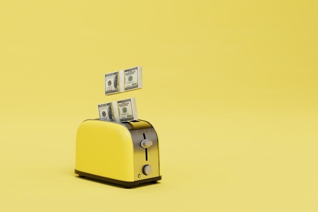 Koncepcja zarabiania tosterem, z którego wylatują paczki dolarów na żółtym tle