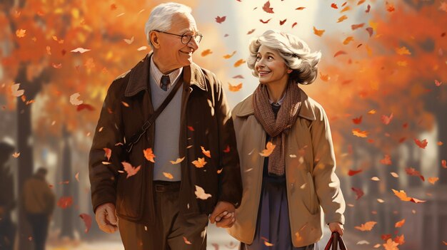 Koncepcja zdrowego stylu życia romantyczna i starsza Starsza aktywna para rasy kaukaskiej trzymająca się za ręce wygląda szczęśliwie w parku w popołudniowym jesiennym słońcuwszystkiego najlepszego z okazji rocznicyszczęśliwie na emeryturze z miejsca na kopię