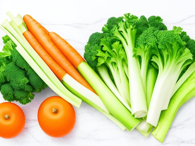 Koncepcja zdrowej żywności wegetariańskiej zielone liście sałaty selerowej i marchewki na białym tle kuchni ai generowane