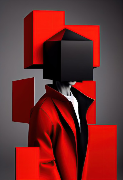 Koncepcja zdrowia psychicznego mężczyzna z kwadratową głową w garniturze z problemami psychologicznymi lub depresją w minimalistycznym graficznym stylu Generative AI