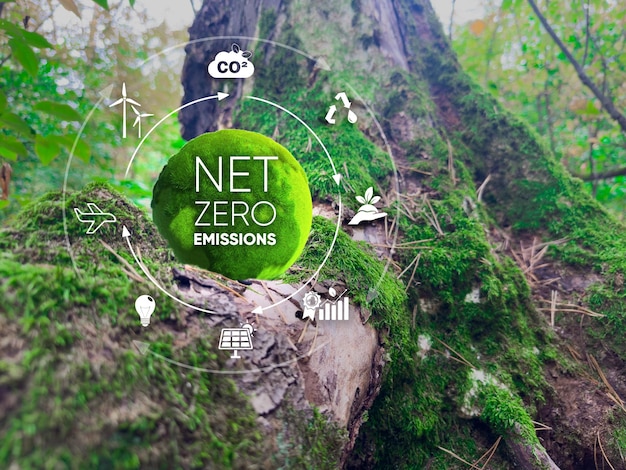 Zdjęcie koncepcja zerowej emisji dwutlenku węgla green globe z ikonami zerowej emisji w zielonym lesie ze światłem słonecznym